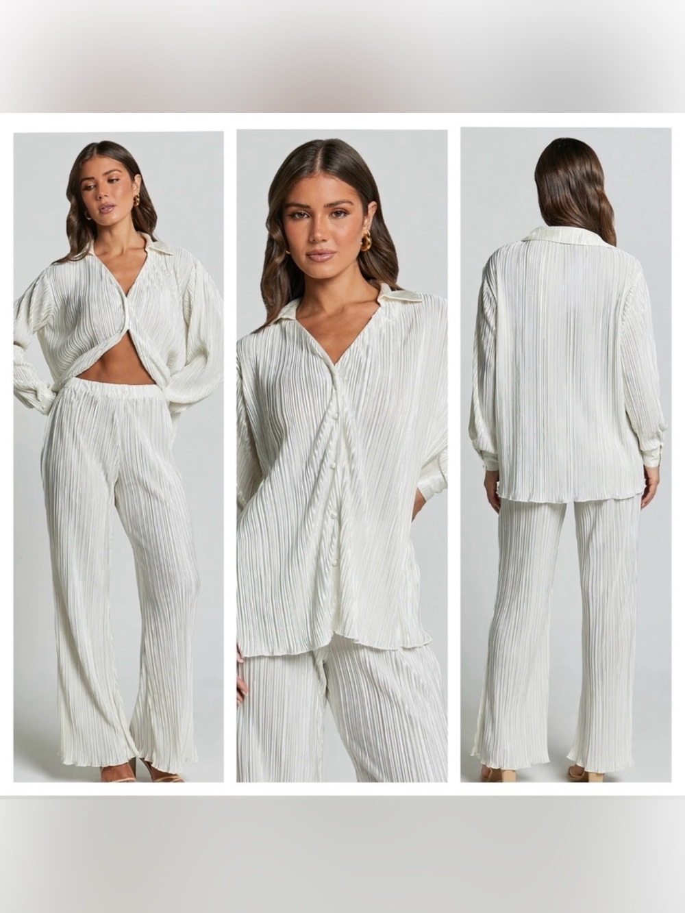 Showpo Plisse Relaxed Button-Down Top & Wide-Leg Pants Set - Cream